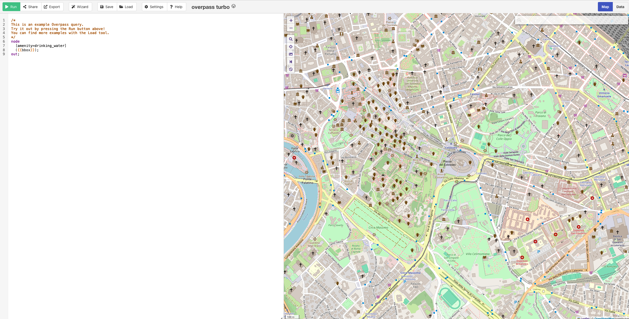 Screenshot of Overpass Turbo with a query for drinking water fountains and a map with the fountains highlighted in red.