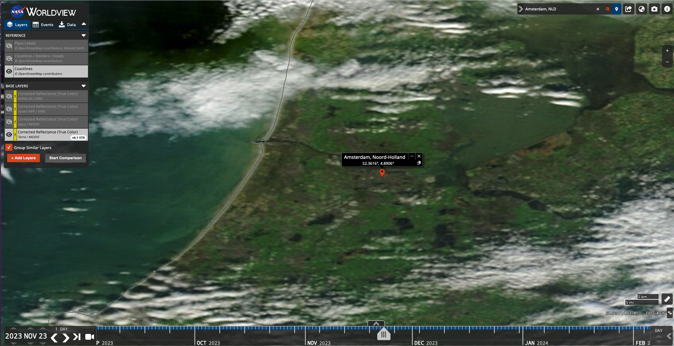 Screenshot of NASA World View search results for Amsterdam shows satellite imagery including clouds, land and sea.