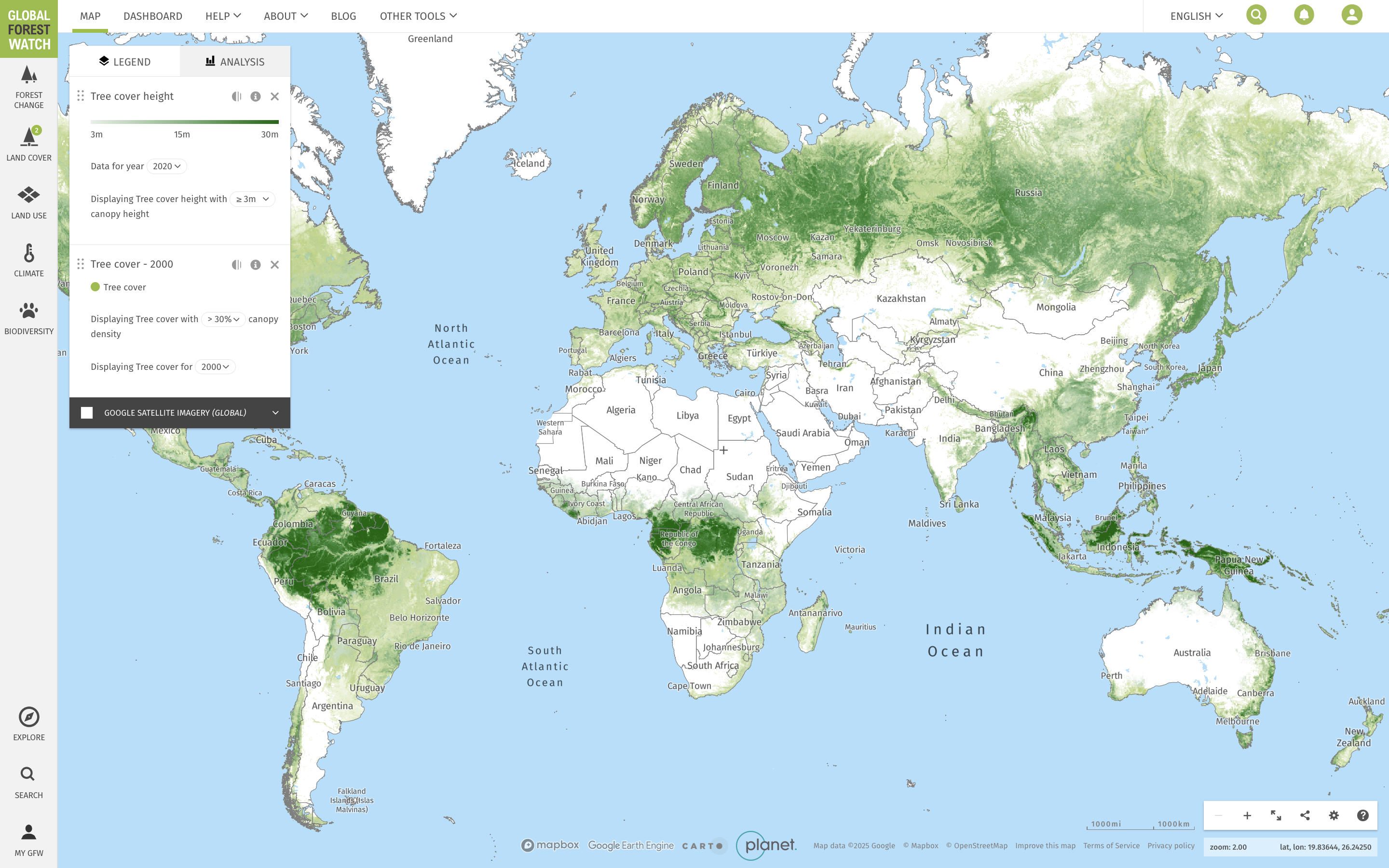 Map showing tree cover and tree cover height
