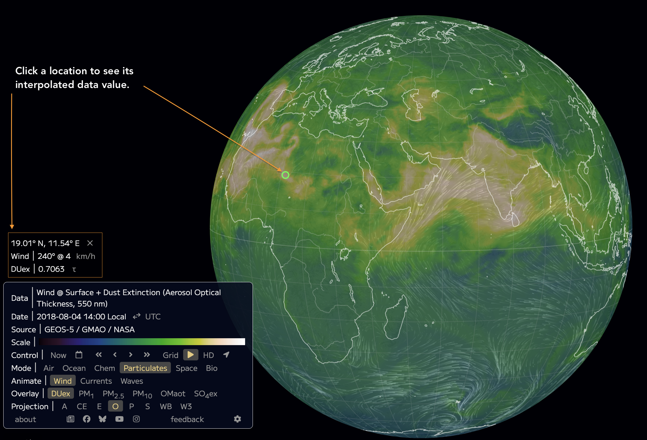 The map in Wind Mode, showing the DUex value for a point in Africa