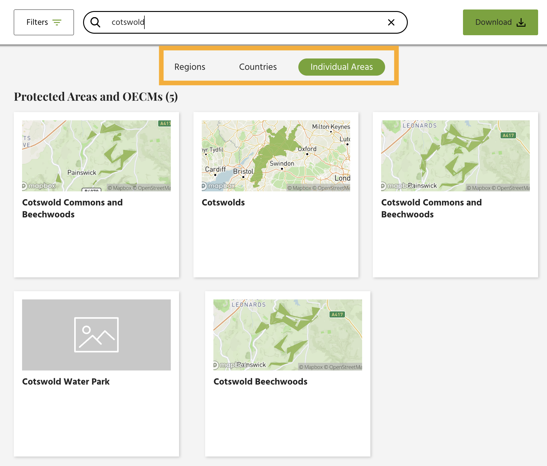 Search results in the World Database for Protected and Conserved Areas (WDPCA) for 'Cotswold' - referring to a protected area in the UK. Five results are shown. Users can select Regions to search for data at a continental level (e.g., Polar), or select Country to search for data at a country level.