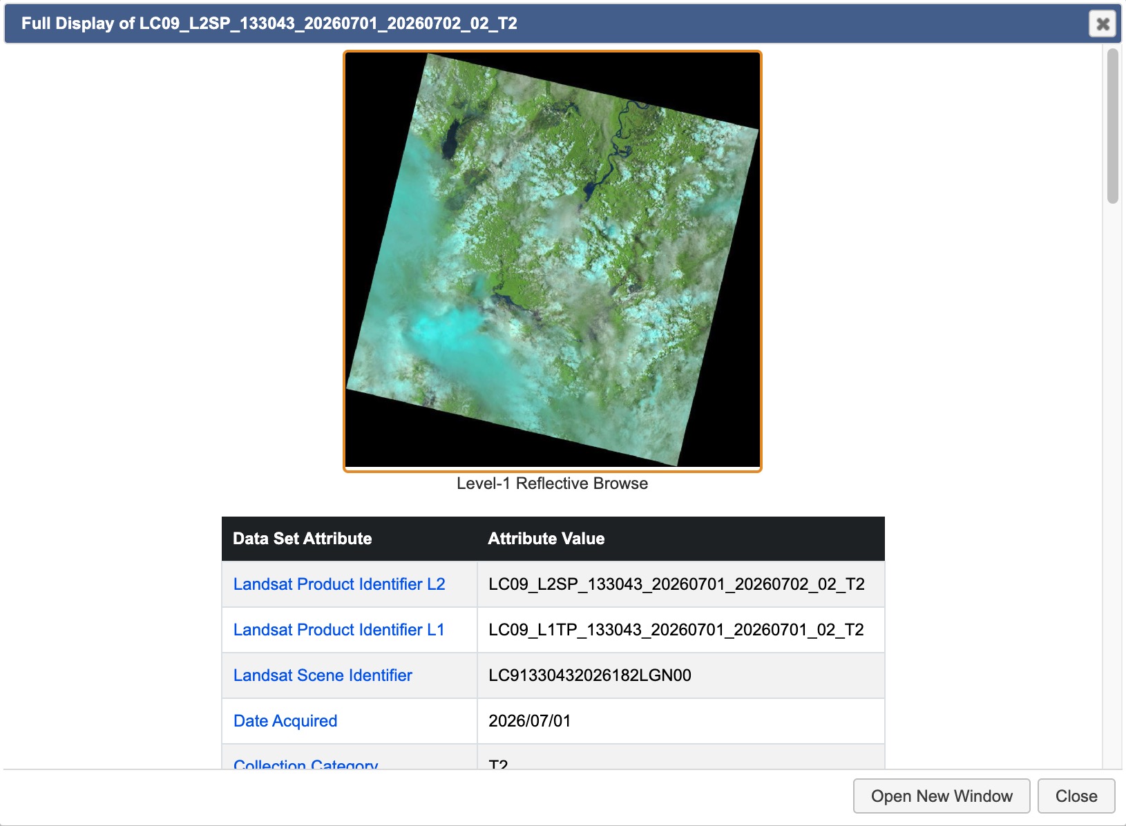 EarthExplorer screenshot showing metadata for a search results item.