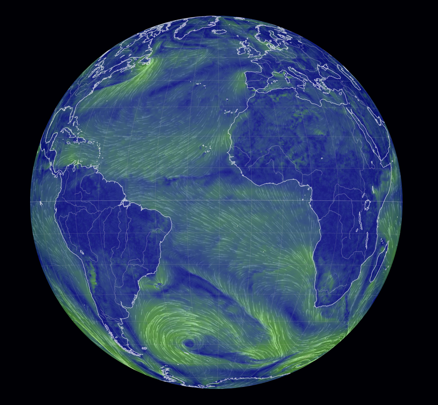 A globe with the Atlantic Ocean in focus. The land and oceans are blue, and there are large green swirls with white streaks flowing through the swirls. The swirls appear mostly in the ocean, but not exclusively.