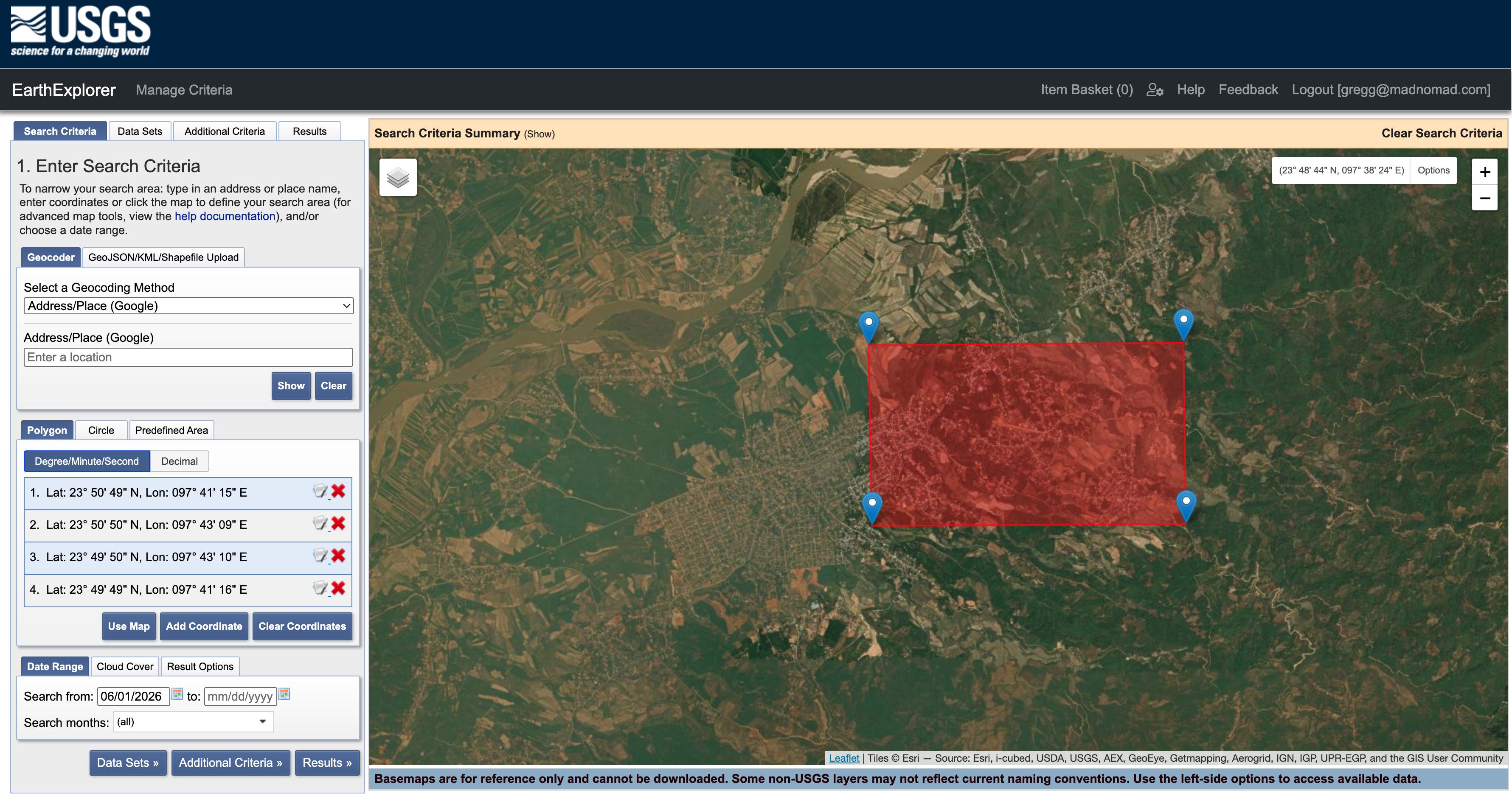 EarthExplorer screenshot showing search criteria.