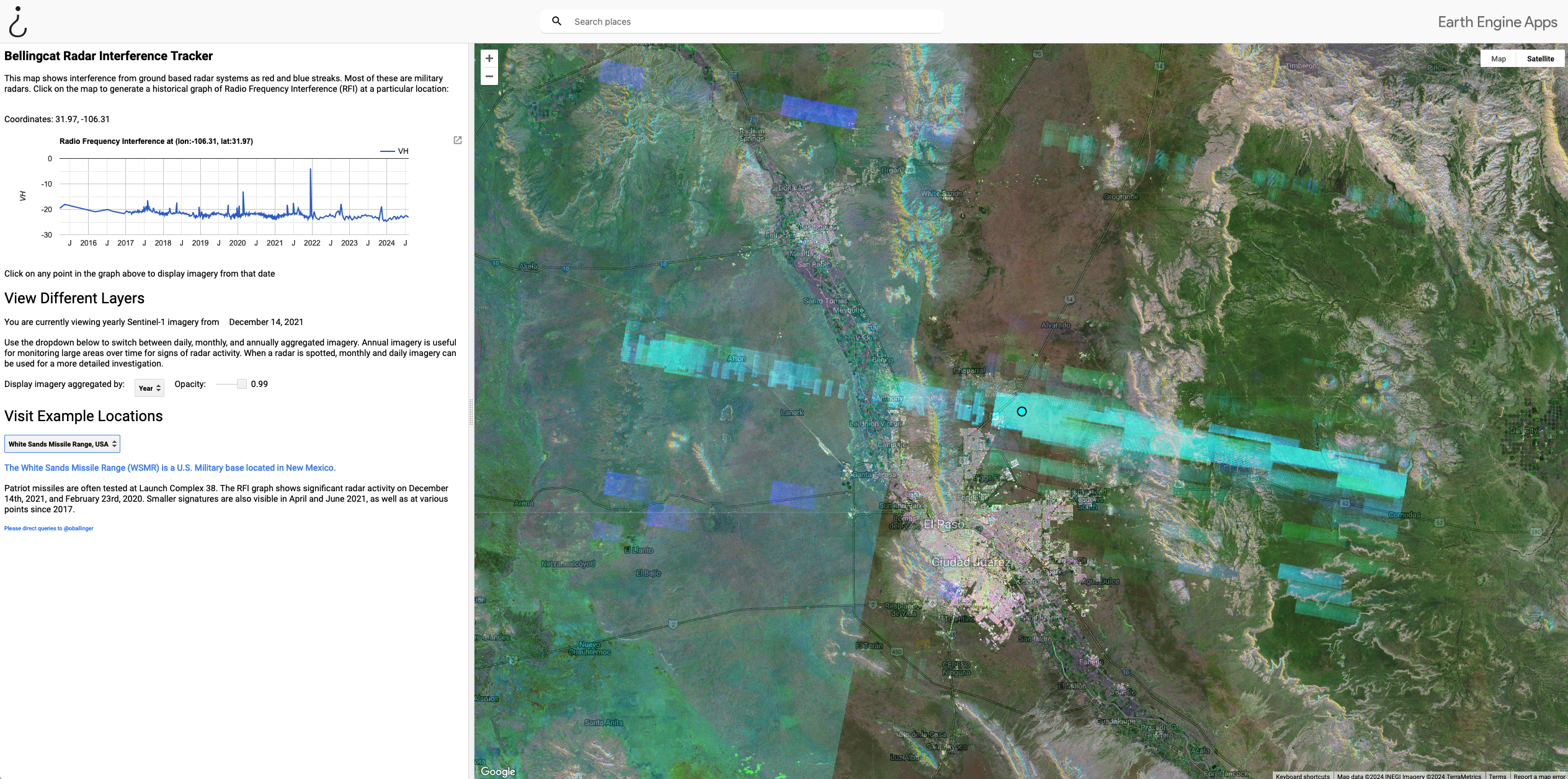 Screenshot using the White Sands Missile Range, USA radar interference example in the radar interference tracker. The map show a satellite image of the area overlayed with a coloured stripe indicating the radar interference.