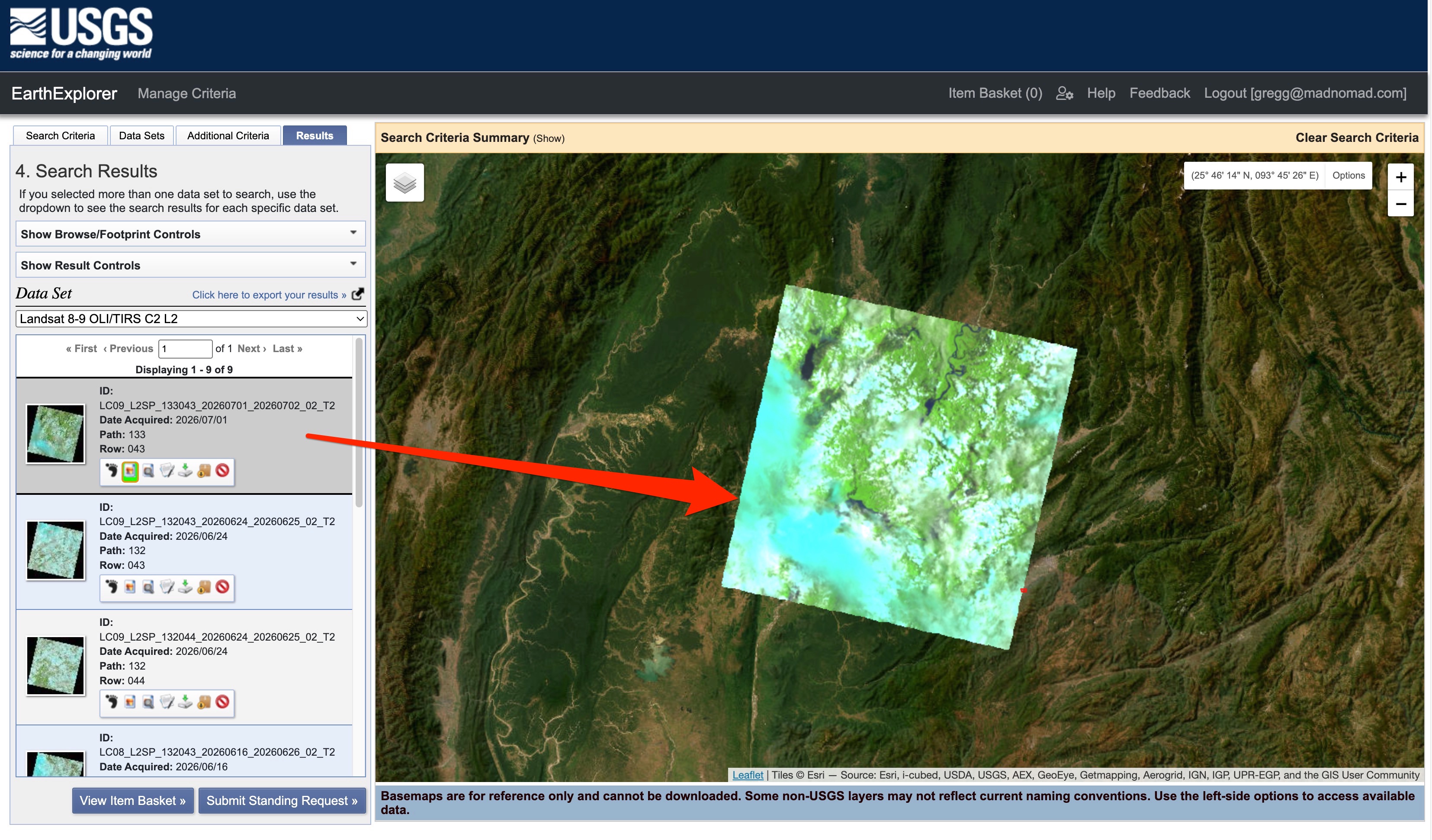 EarthExplorer screenshot showing geographic projection for a search results item.