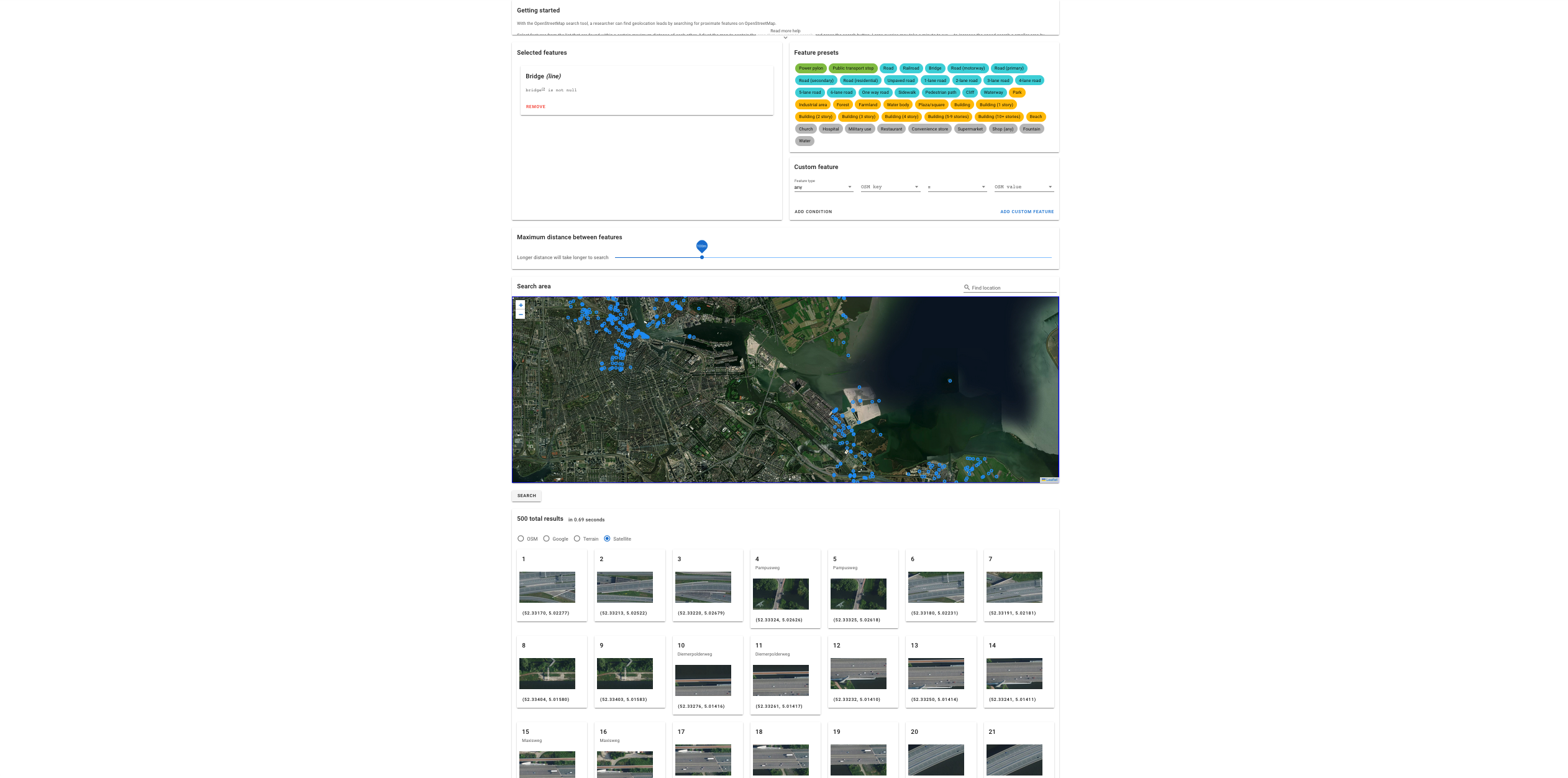 Screenshot of search for bridge amenities around Amsterdam on a satellite map. The image show the selectable tags, a map of Amsterdam with blue dots highlighting the bridges and individual selectable bridges below.