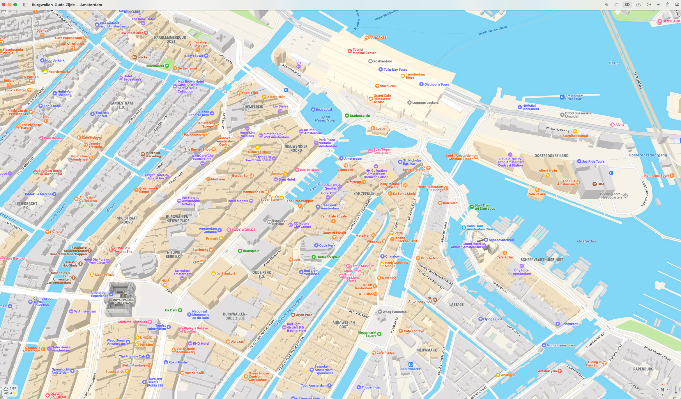 Screenshot of 3D view in Apple Maps Desktop of a search for Amsterdam shows a 3D street map in green and white with the sea in blue.