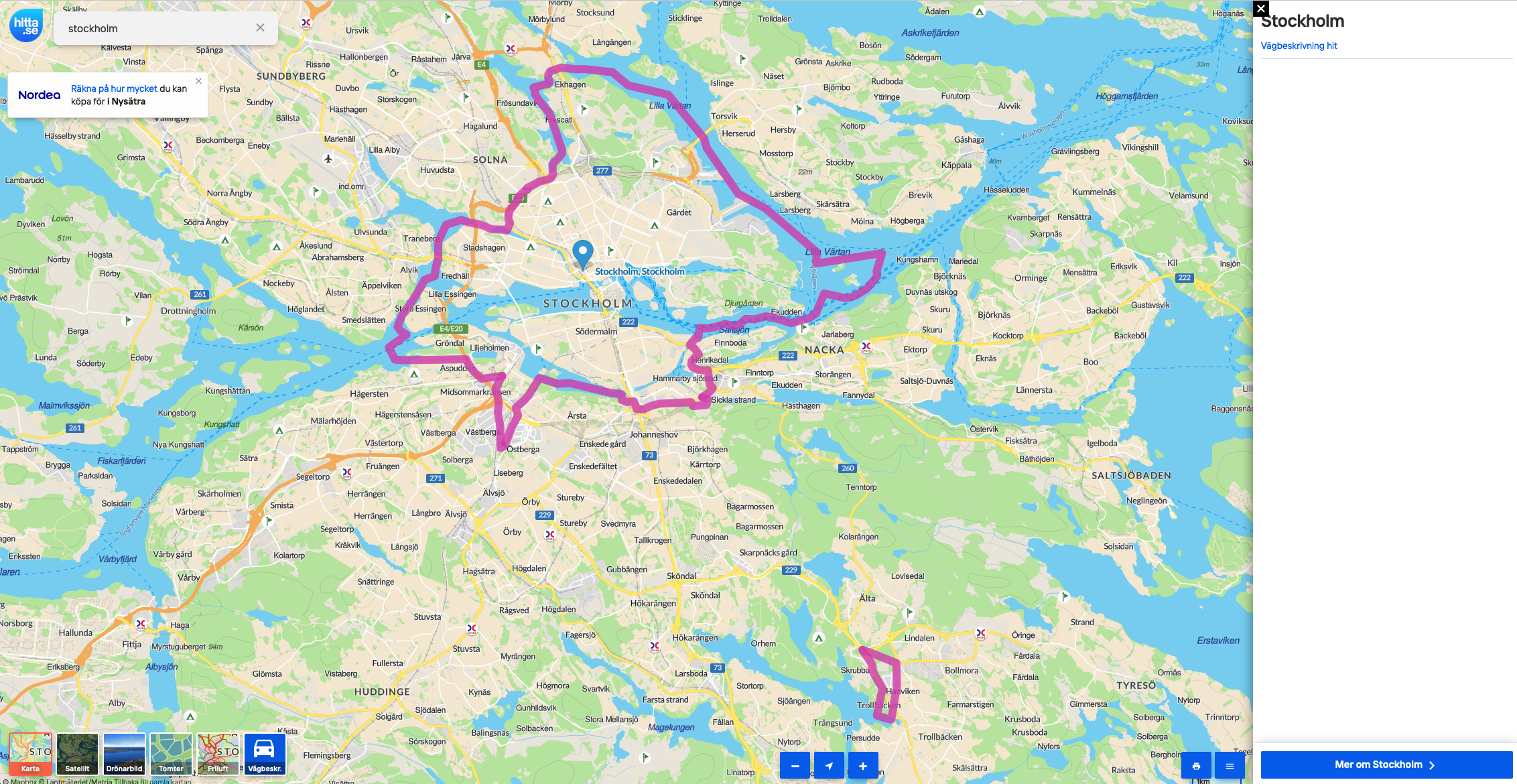 Screenshot of a search for the term Stockholm on the hitta.se map shows a map with roads and boundaries around Stockholm.
