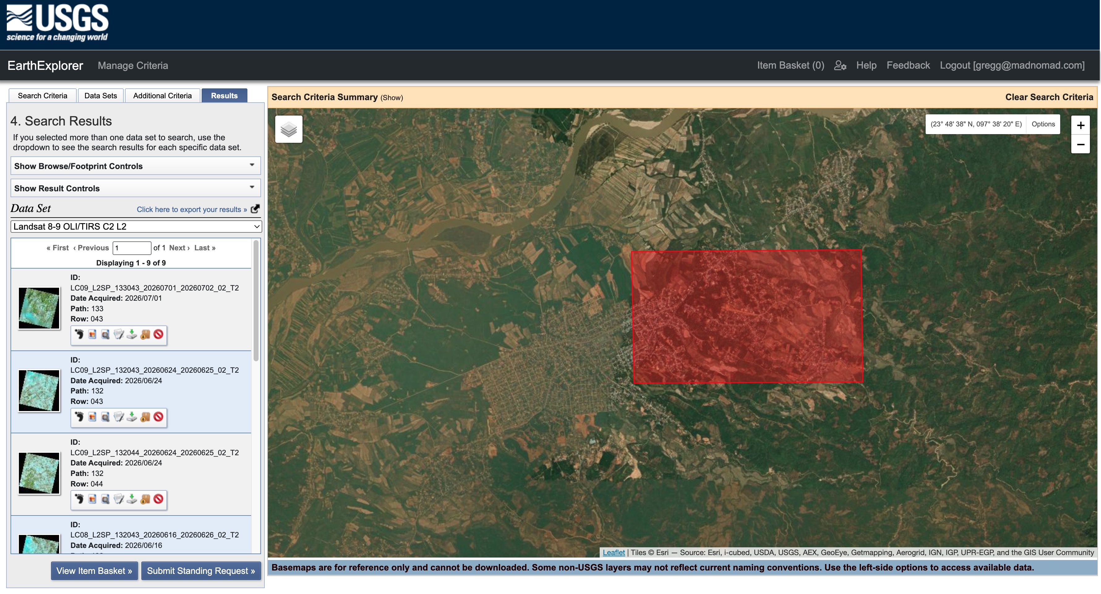 EarthExplorer screenshot showing the results of the query shown in the previous screenshot above.