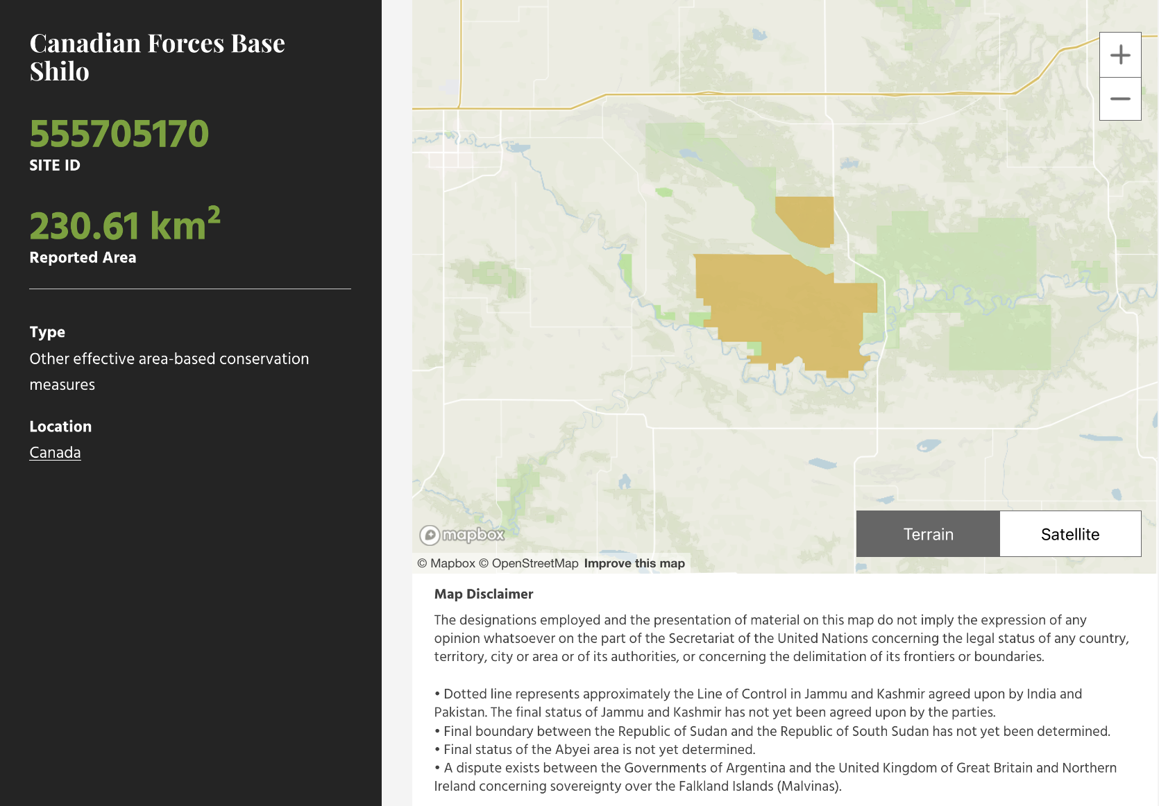 Screenshot of the Canadian Forces Base Shilo. Left panel shows a Site ID and the reported area, and the right side shows a terrain map marking the land area. The military base is an example of an OECM.