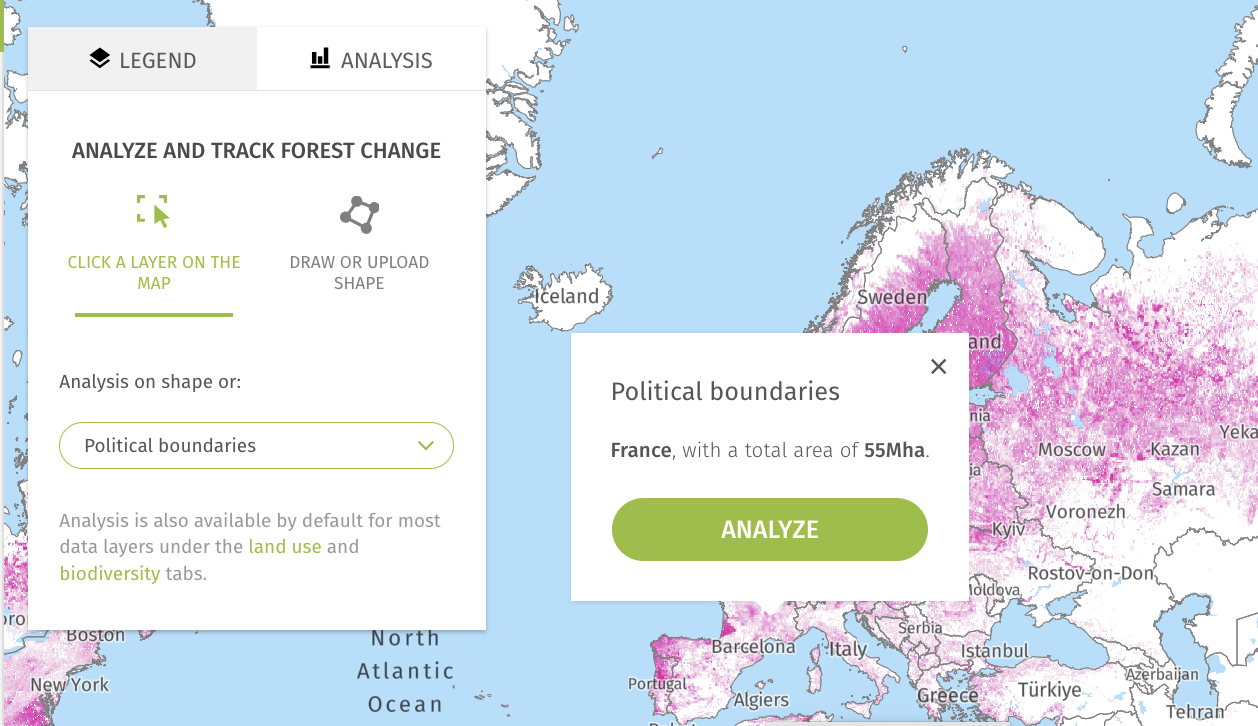 Analysis tab and a popup over France with an option to Analyze