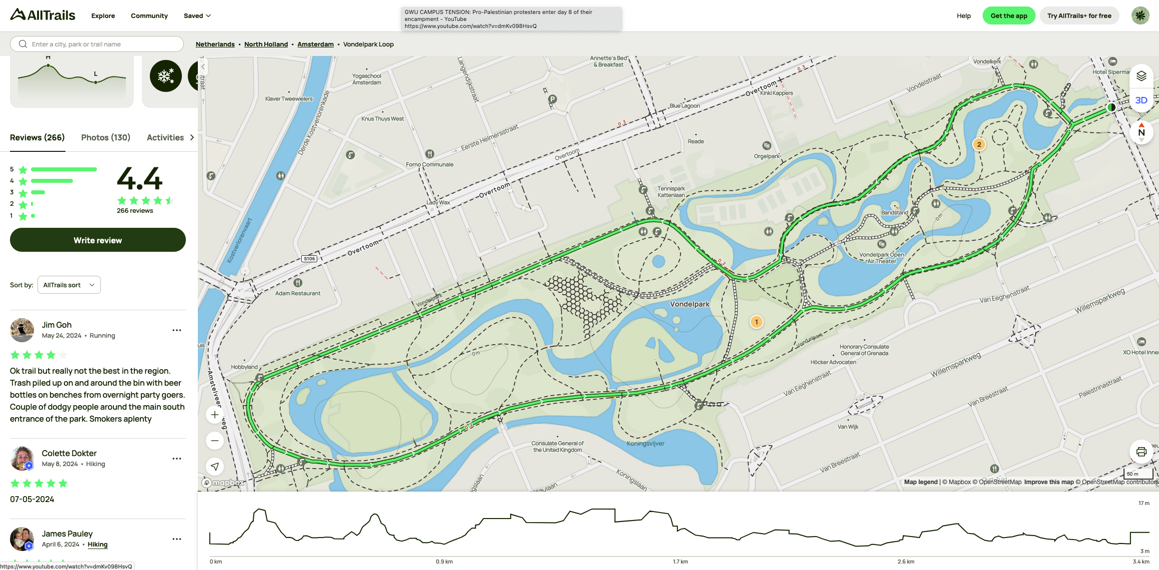 Screenshot user interface show a search results for of Vondelpark Loop in Amsterdam. Shows a map of the route, elevation profile and user comments and ratings.