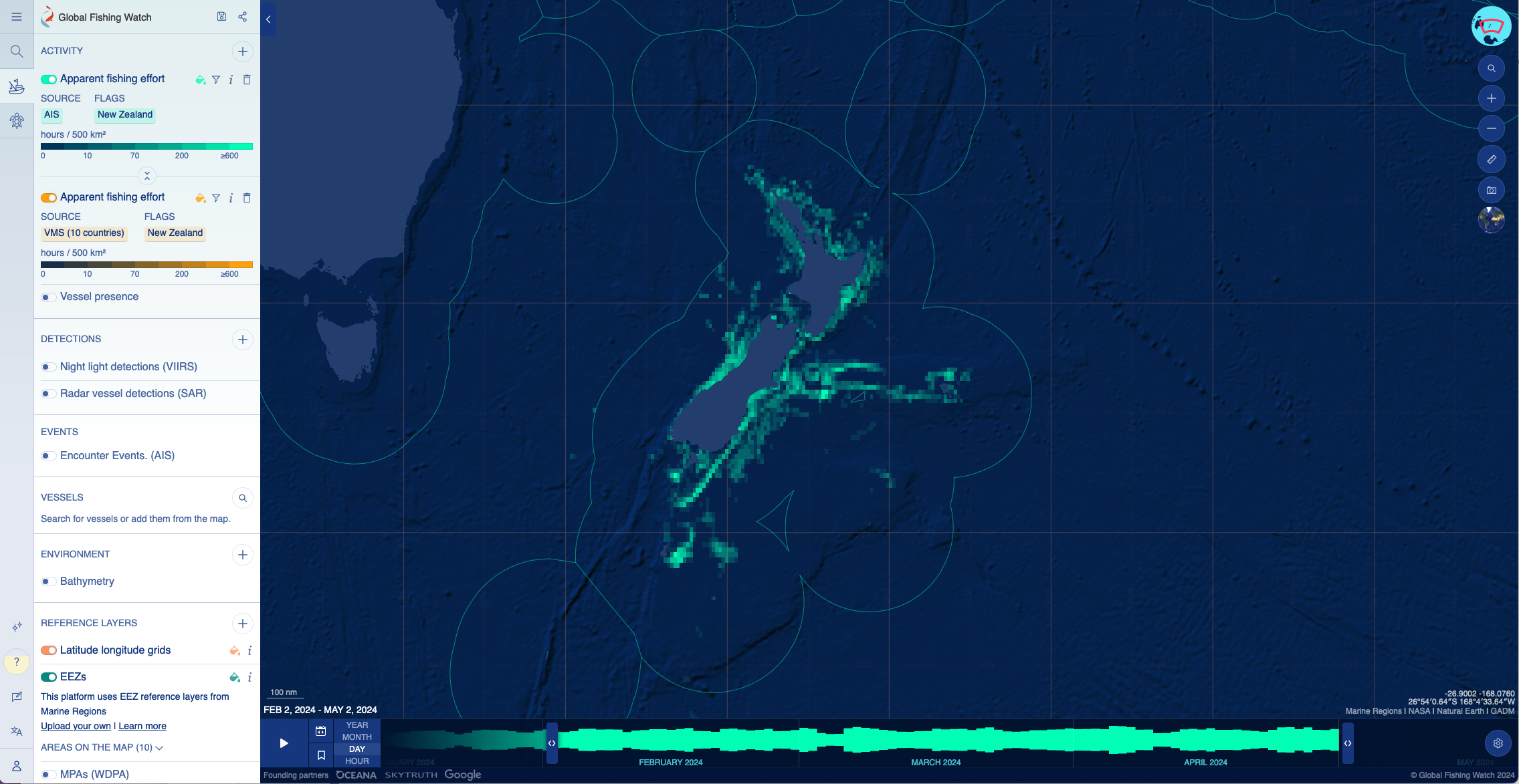 Screenshot of Global Fishing Watch map showing search results for location search term New Zealand filtered  for New Zealand Flagged vessels for both AIS and VMS on surrounding a map of New Zealand.  The results are shown as green blocks on a dark blue background representing the number of hours vessels operated in the area.