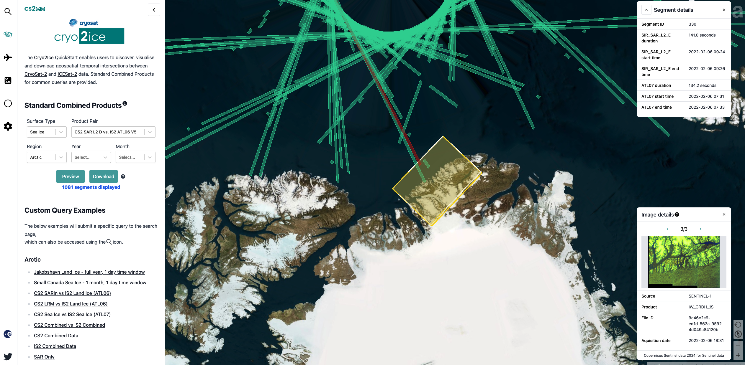 The screenshot  shows the Cryo2ice tool with a search for Arctic sea ice 2022-02-06 the results show a satellite map with satellite paths and imagery of ice cover for a specific area as an inset box lower right.