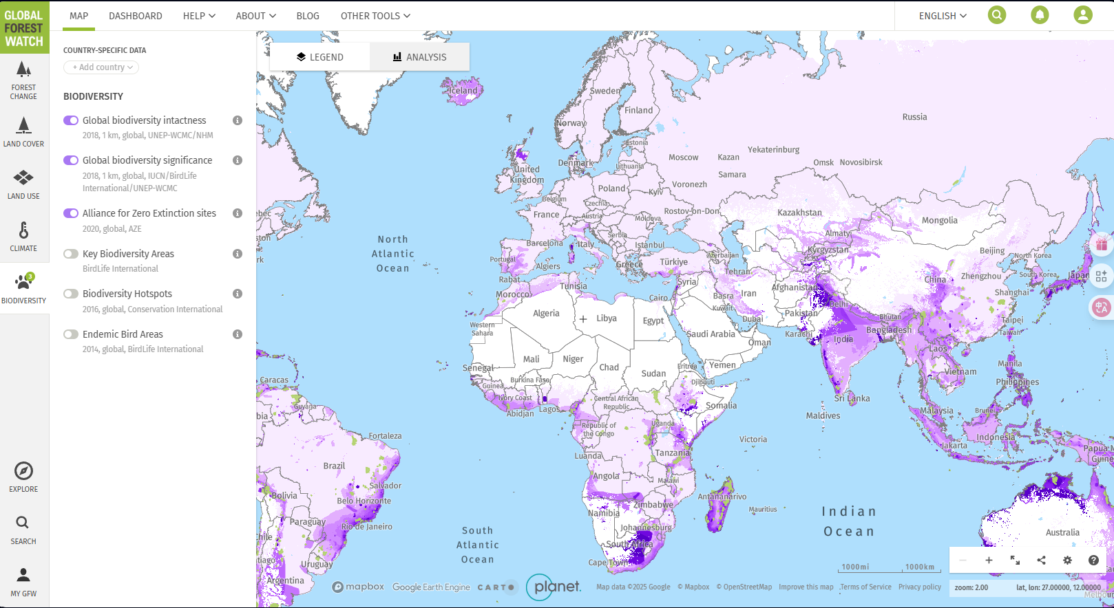 Biodiversity layers toggled on, with map in view