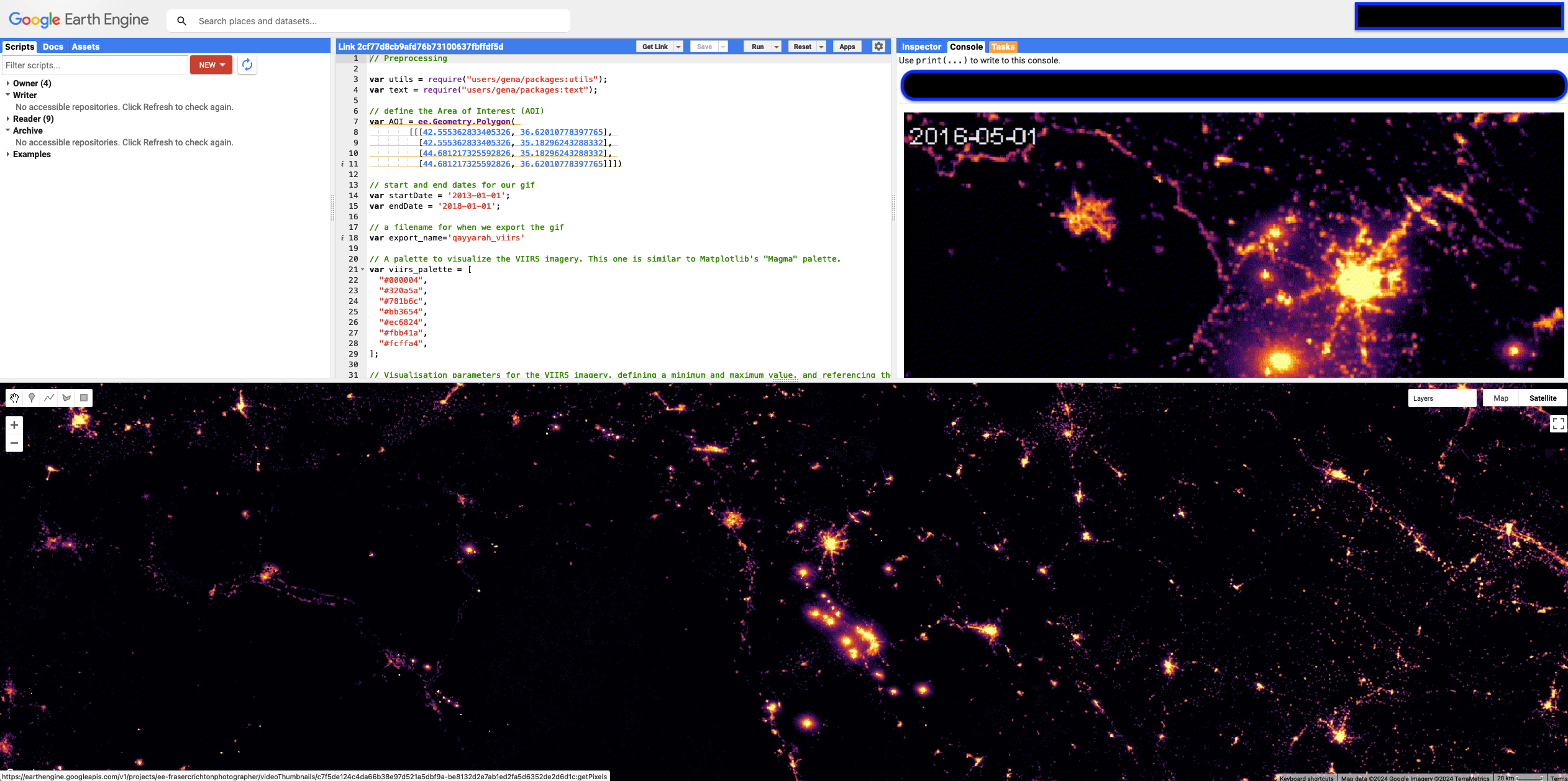 Screenshot of Google Earth Engine user interface showing the War at Night case study. The interface includes a coding IDE and a map showing the brightness of lights across time which includes a timelapse image in the actual project.