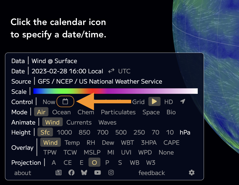 User interface panel that enables users to change the date and data metric displayed on map. This screenshot highlights the calendar icon.