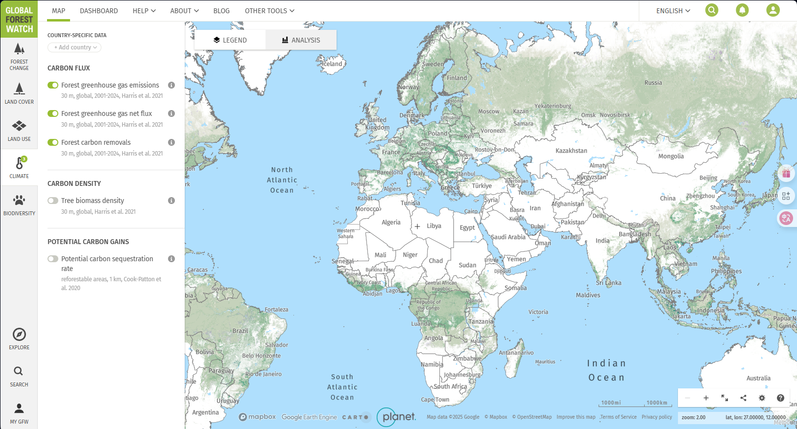 Global Forest Watch map with climate layers toggled on