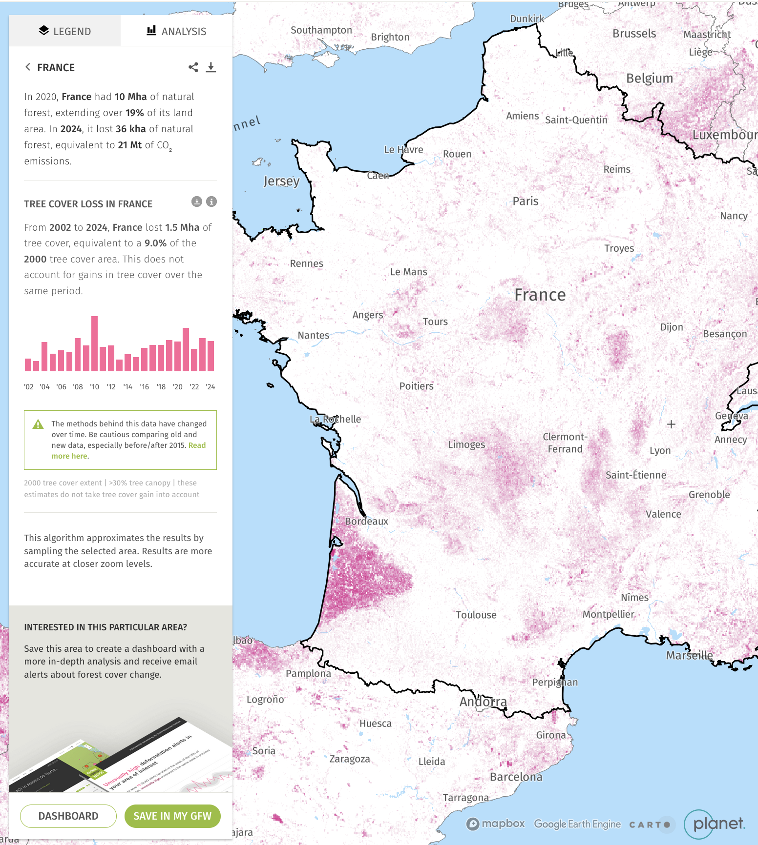The map is zoomed into France, and on the left is a side panel with a detailed analysis of France's tree cover loss.