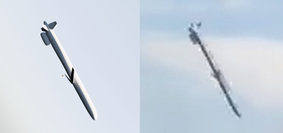 Image from Russian Missile Identified in Kyiv Children’s Hospital Attack shows a Blender model of a missile on the left and the original image of the missile on the right.